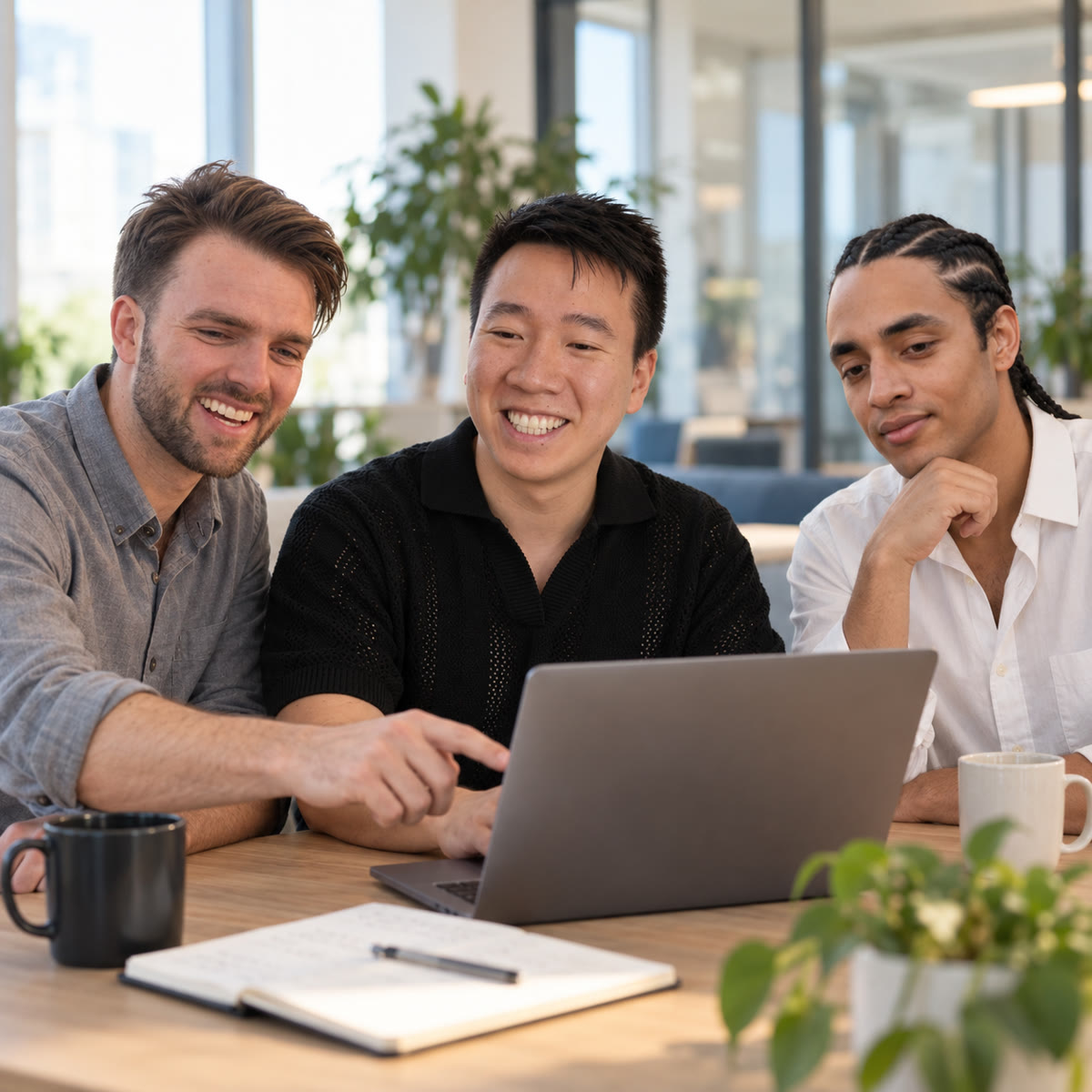 Three colleagues smiling at a laptop over coffee at a shared desk