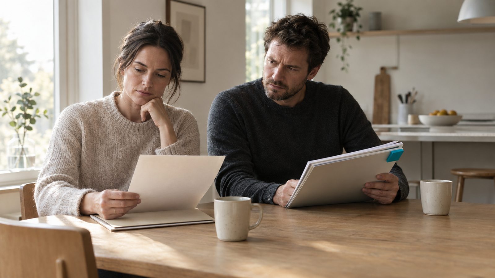 Two owners of similar age side by side at a kitchen table with two folders, one thin and one thick