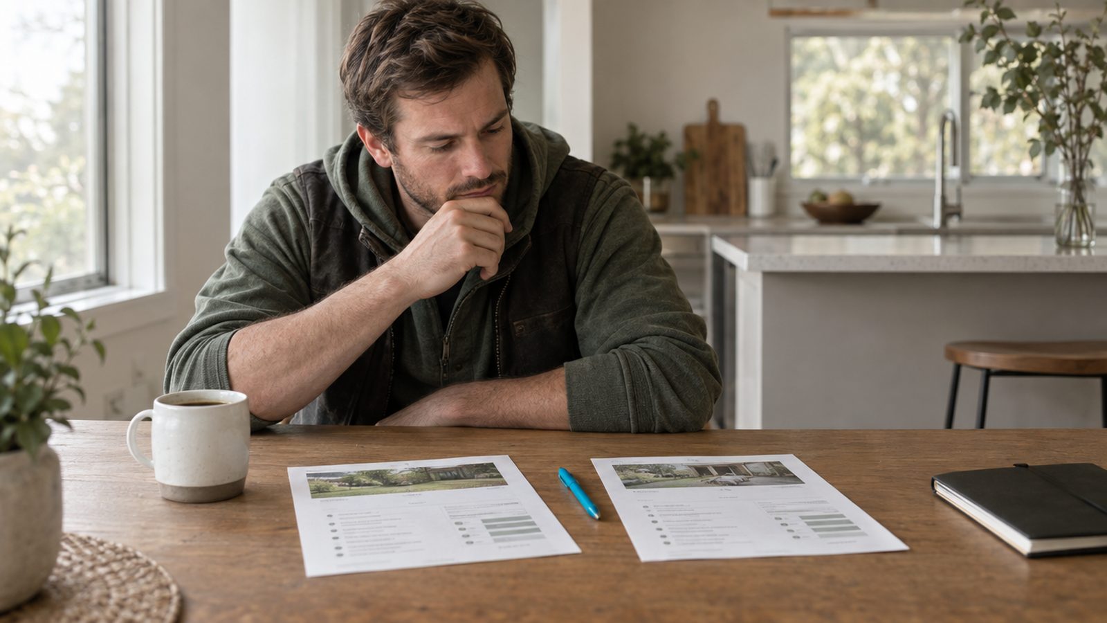 A solo landscaping business owner in his thirties at a kitchen table with two printed one-page summaries side by side, coffee, honest concentration, weighing a