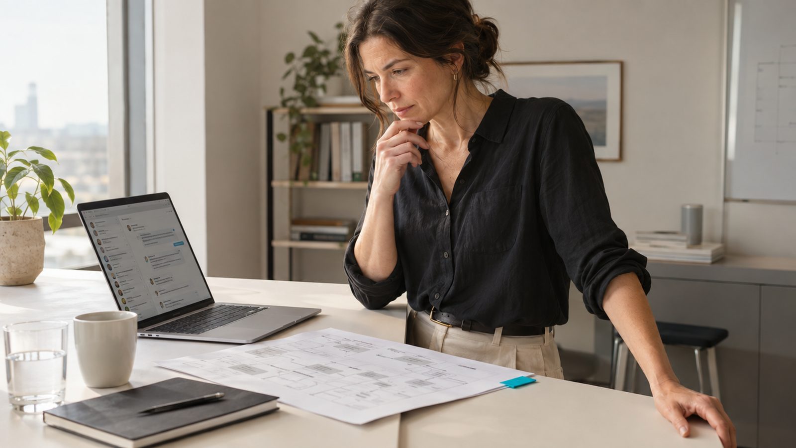 An operations lead in her forties at a standing desk, a team chat open on a laptop and a printed workflow map beside it, the appraising look of someone comparin