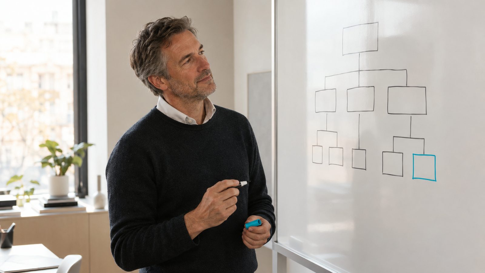 A hand-drawn org chart on a whiteboard with one new box