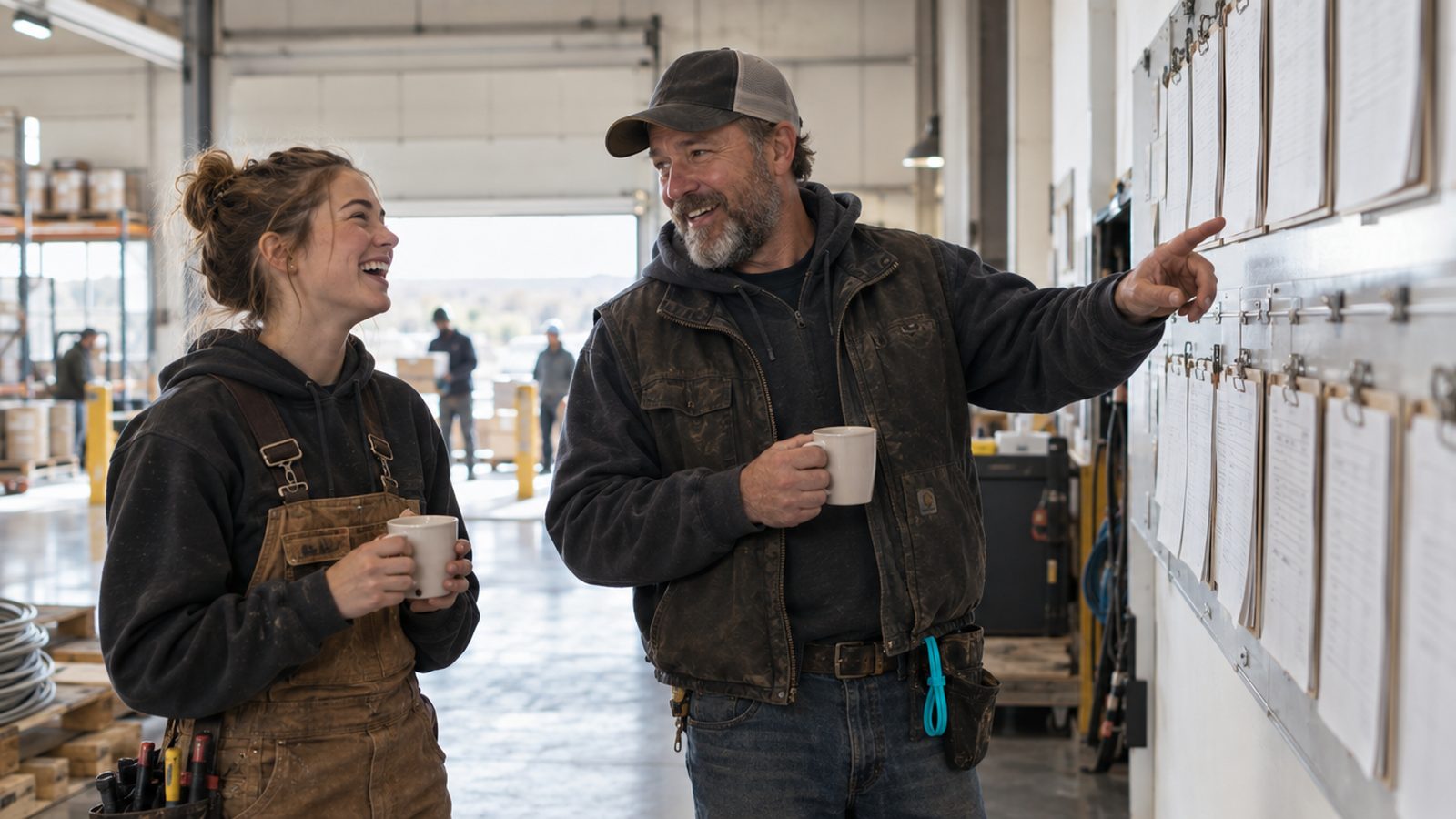 An apprentice electrician in her early twenties laughing with an older foreman in a warehouse bay, both holding coffee, the foreman gesturing at a wall of new w