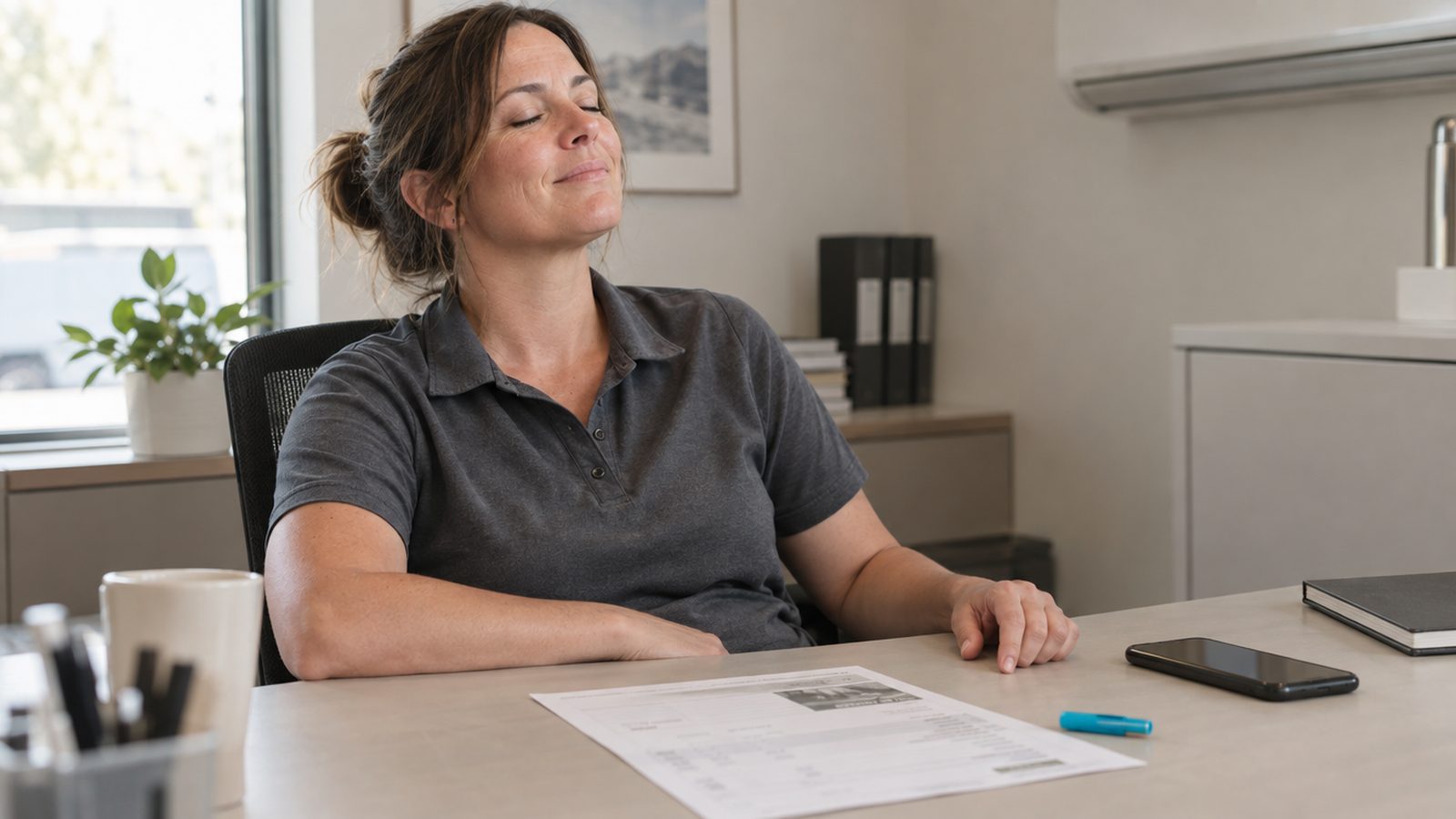 A woman in her late thirties, owner-seller of a small HVAC company, in a plain work polo at the front-office desk, phone just set down, eyes closed for one seco