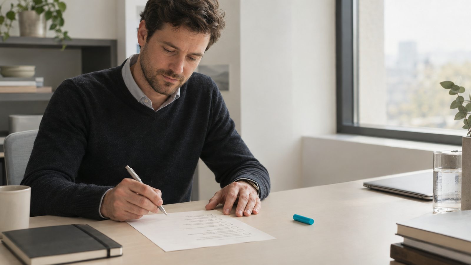 An operations manager in his thirties reviewing a short printed checklist at a desk, expression careful and fair, like a manager writing a new hire's first-mont