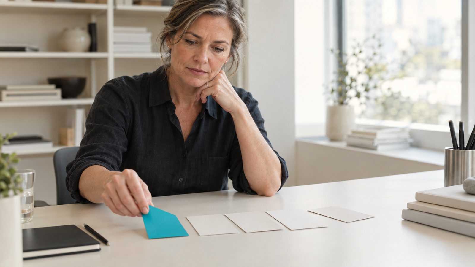 An owner in her fifties at a clean desk with six index cards fanned out, moving one to the front with a decided expression