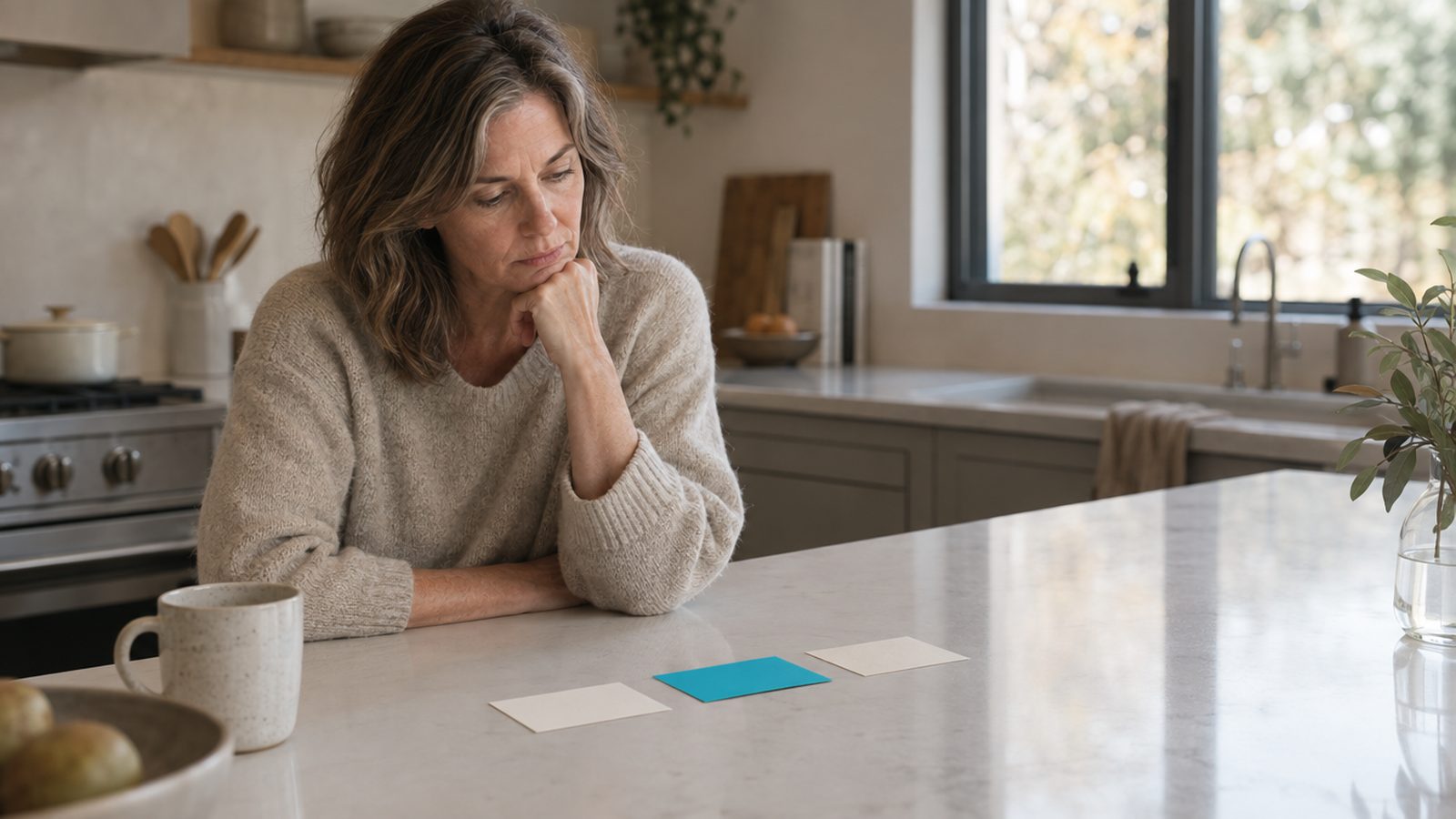 An owner in her fifties at a kitchen island with three index cards laid out, chin on her hand, eyes moving between them, no salesperson in the room, just the ho