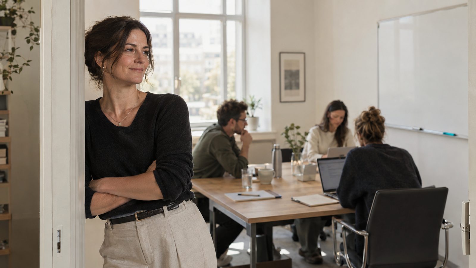 A confident owner in her forties leaning on a doorframe of a small office watching her team work, a quiet knowing half-smile, the calm of someone who built the 