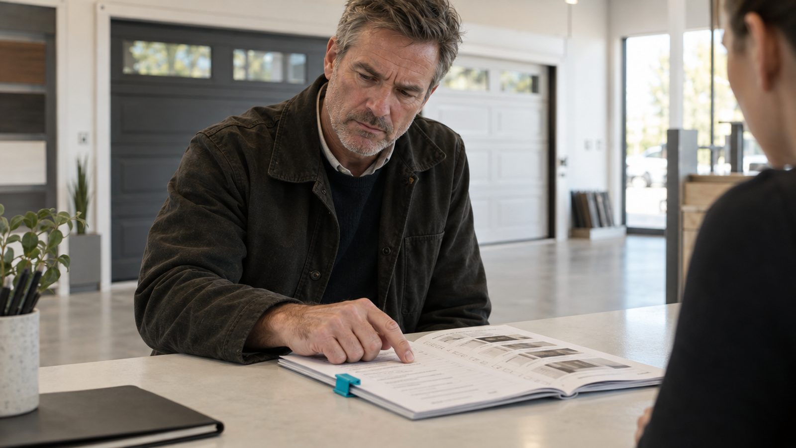 An owner in his fifties at a garage-door showroom counter with a printed multi-page checklist, one finger tracing a line, jaw set, the look of a man realizing t