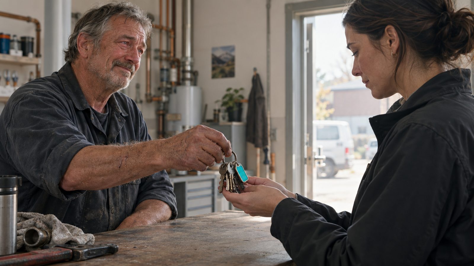 A plumber in his sixties, hands scarred from forty years of work, passing a worn ring of shop keys across a workbench to a woman in her thirties in a company ja