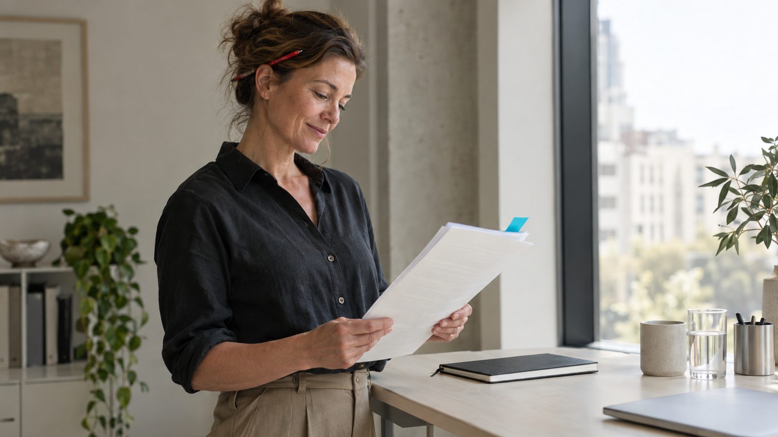 A consultant in her forties at a standing desk by a window, reading a printed draft proposal with a slow satisfied nod, red pen tucked behind her ear, the ease 
