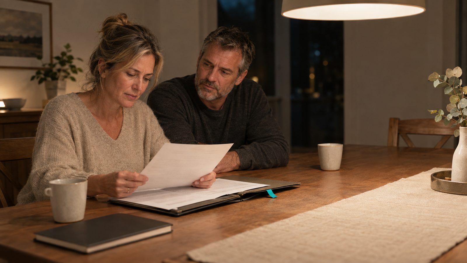 A couple in their fifties who own a plumbing company at their dining table at night, a single lamp, a letter of intent between them, she is reading, he is watch