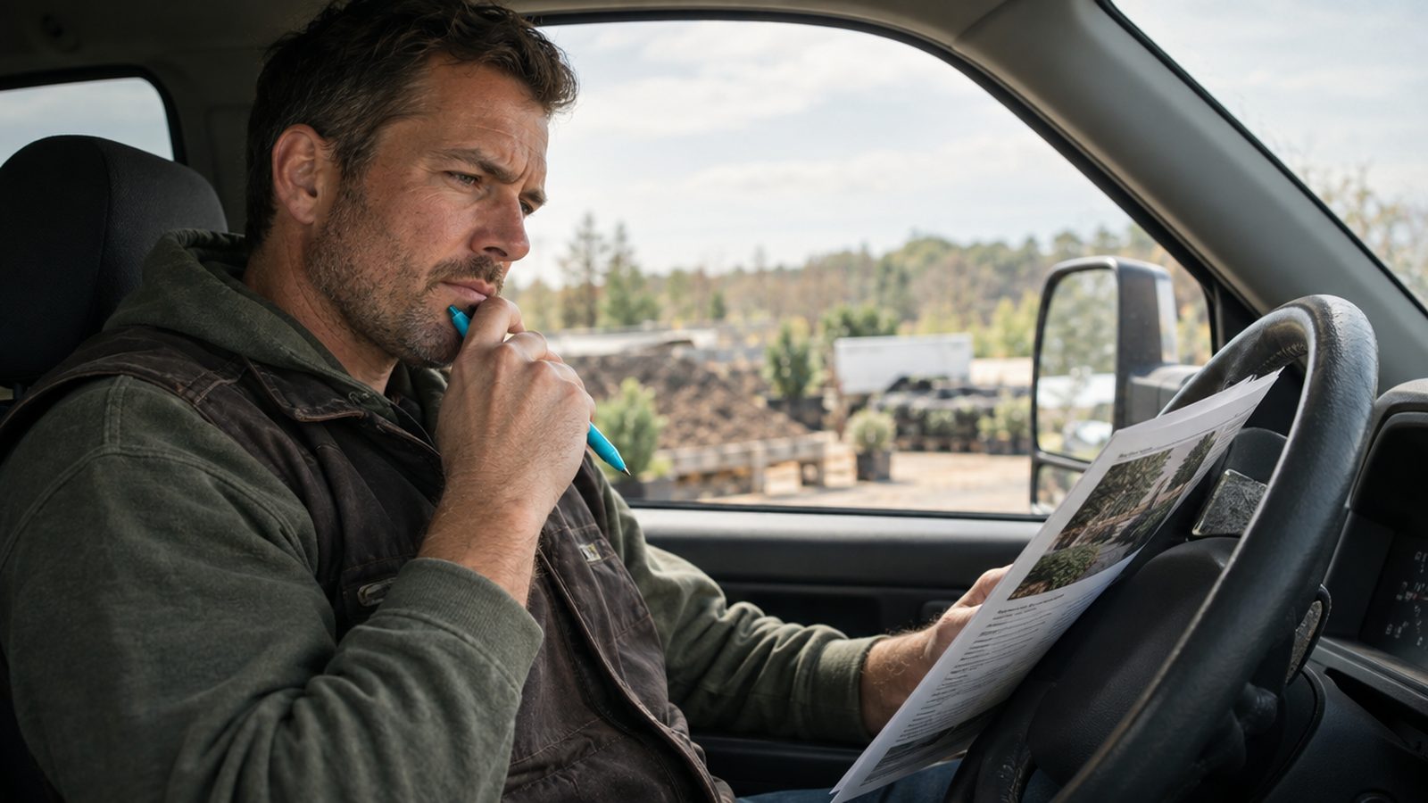 A landscaping company owner in his forties in the cab of his truck, a printed article on the wheel, pen paused, eyes narrowed with the exact moment an abstract 