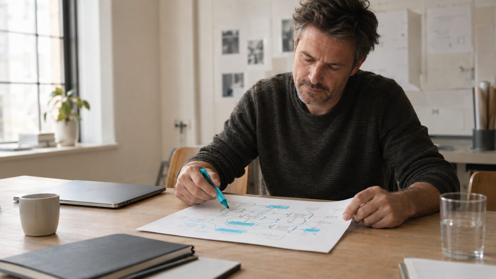 A crew lead in his forties at a workshop table with a laptop closed and pushed aside, instead holding a paper flowchart of how his team actually works, expressi