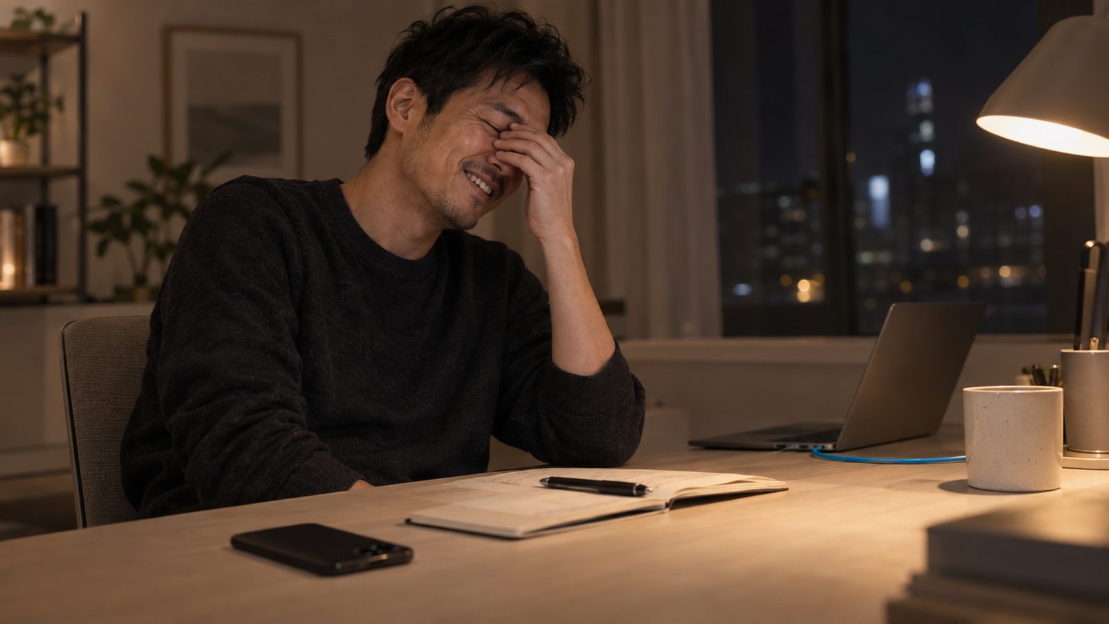 A business owner at a desk after midnight, one warm lamp, laptop pushed back, rubbing his eyes and half laughing in disbelief at something that should have work
